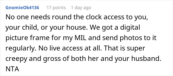 Comment discussing mom disabling MIL’s baby cam access due to concerns about constant spying and privacy invasion. Comment discussing mom disabling MIL’s baby cam access due to concerns about constant spying and privacy invasion.