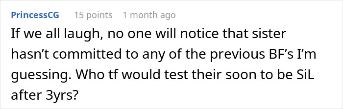Comment about girlfriend confused after boyfriend’s sister hits on her and call it a test in an online discussion thread. Comment about girlfriend confused after boyfriend’s sister hits on her and call it a test in an online discussion thread.