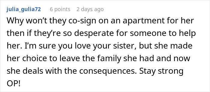 Comment on family conflict over $33k demand, discussing sister’s needs and consequences of family choices. Comment on family conflict over $33k demand, discussing sister’s needs and consequences of family choices.