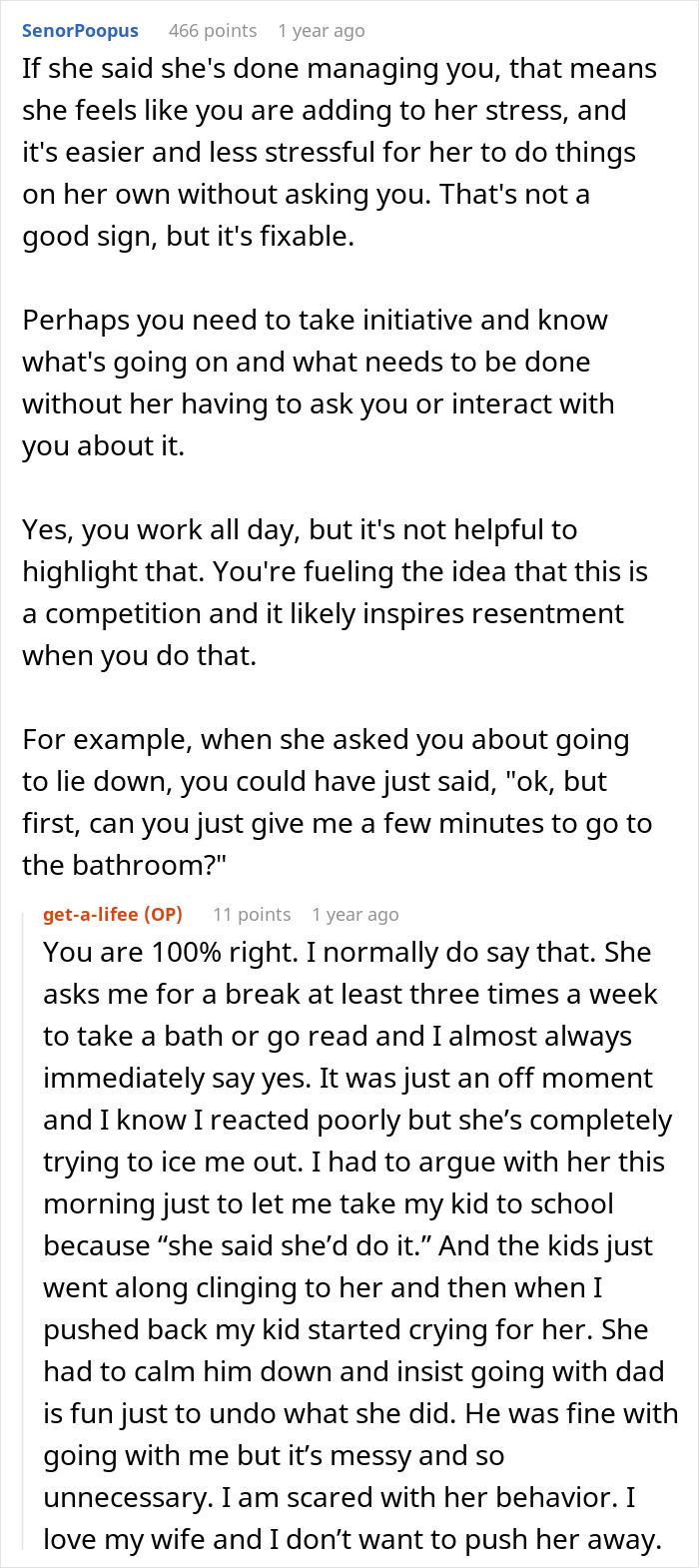 Alt text: Reddit conversation about a man telling his wife she couldn’t do it without him and her proving him wrong.
