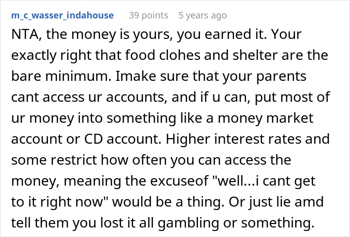 Screenshot of online comment advising a woman to protect her savings from parents by using secure accounts like money market or CD accounts. Screenshot of online comment advising a woman to protect her savings from parents by using secure accounts like money market or CD accounts.