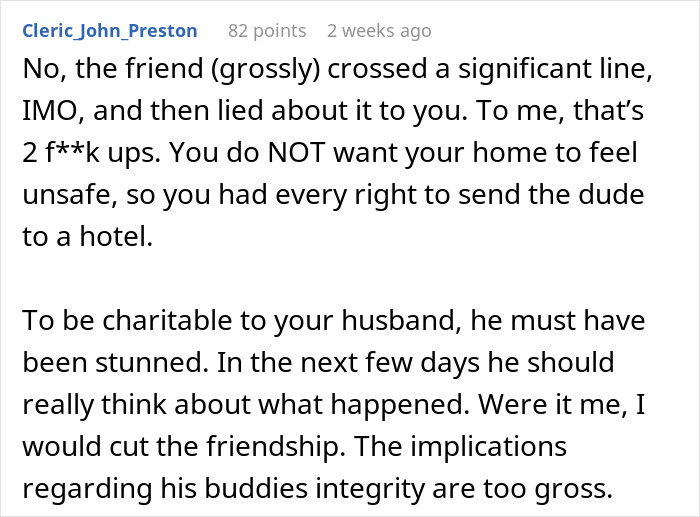 Comment discussing a friend’s compliment causing discomfort, with wife insisting hotel stay, husband disagreeing. Comment discussing a friend’s compliment causing discomfort, with wife insisting hotel stay, husband disagreeing.