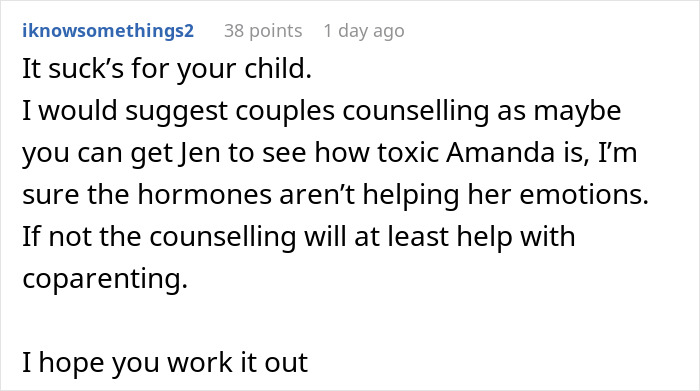 Comment discussing couples counseling for a man giving pregnant girlfriend an ultimatum over insecurities and emotions. Comment discussing couples counseling for a man giving pregnant girlfriend an ultimatum over insecurities and emotions.