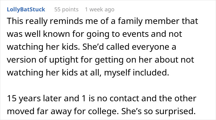 Comment text about woman cutting ties with sister due to lazy parenting causing kids to become nightmares.