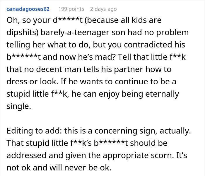 Screenshot of a Reddit comment discussing a teenager's reaction to his mom suggesting his Black girlfriend dress more comfortably. Screenshot of a Reddit comment discussing a teenager's reaction to his mom suggesting his Black girlfriend dress more comfortably.