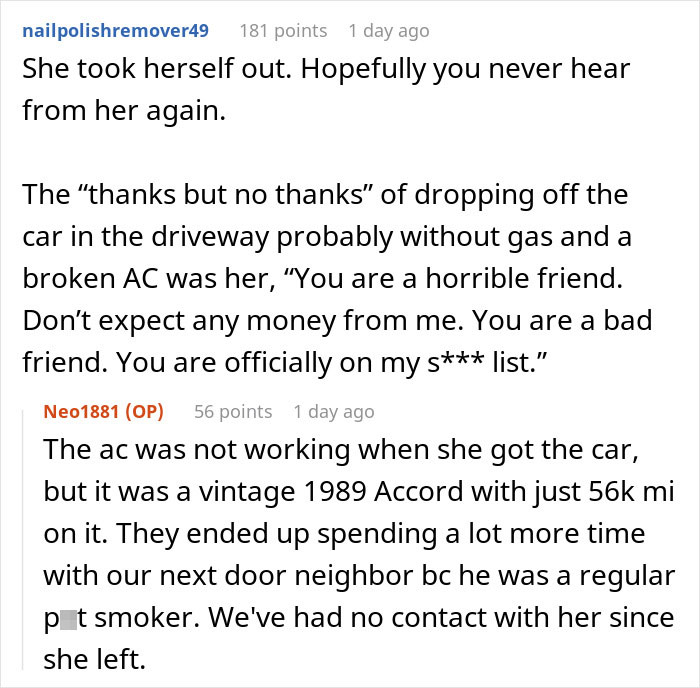 Screenshot of a Reddit conversation about a couple regretting hosting an old friend after wild requests began. Screenshot of a Reddit conversation about a couple regretting hosting an old friend after wild requests began.