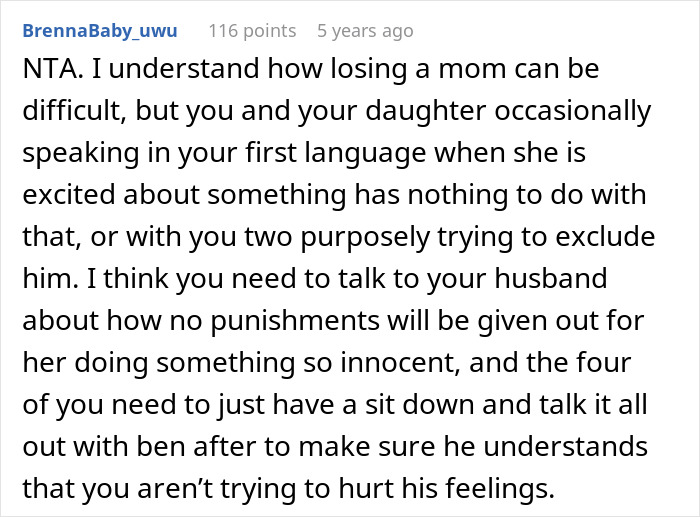 Reddit comment discussing stepdad suggesting punishment for kid using native language his son can't understand, mom horrified. Reddit comment discussing stepdad suggesting punishment for kid using native language his son can't understand, mom horrified.