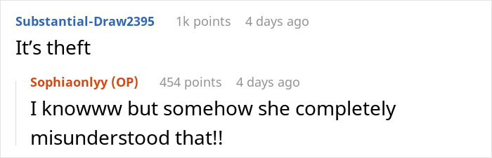 Screenshot of a Reddit conversation about leftover pasta theft causing a woman to buy a mini fridge.