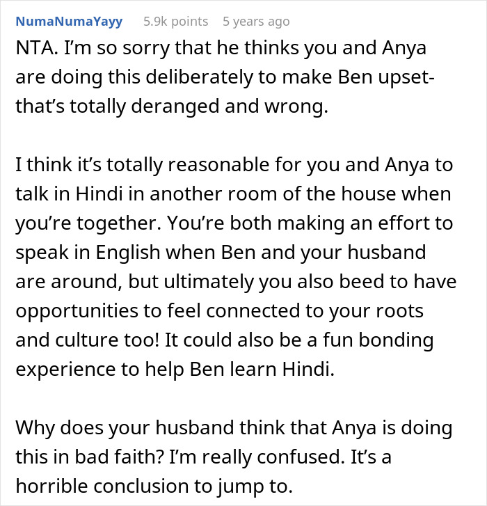 Comment from user defending use of native language Hindi despite stepdad's punishment suggestion, mom horrified by situation. Comment from user defending use of native language Hindi despite stepdad's punishment suggestion, mom horrified by situation.