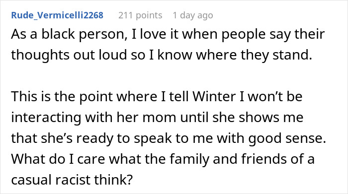 Text of social media comment reflecting on racist mom insulting daughter’s girlfriend’s black parents, causing emotional fallout. Text of social media comment reflecting on racist mom insulting daughter’s girlfriend’s black parents, causing emotional fallout.