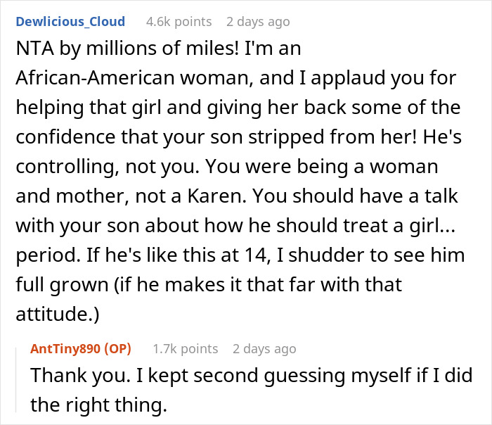 Comment praising a mother for supporting her son's Black girlfriend and addressing controlling behavior at age 14. Comment praising a mother for supporting her son's Black girlfriend and addressing controlling behavior at age 14.