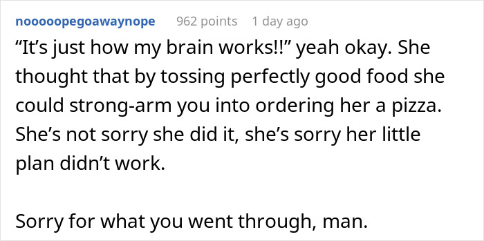 Screenshot of a Reddit comment describing a woman’s angry reaction after throwing away dinner her boyfriend made.