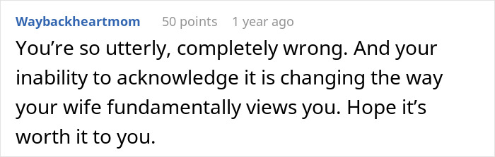 Comment on a forum post, discussing a man telling his wife she couldn’t do it without him while she proves him wrong.