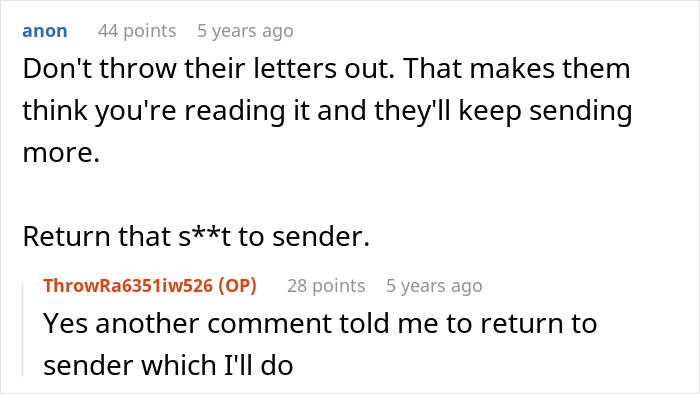 Text conversation about rejected letters and advice to return them to sender, related to estranged dad reconnecting with daughter. Text conversation about rejected letters and advice to return them to sender, related to estranged dad reconnecting with daughter.