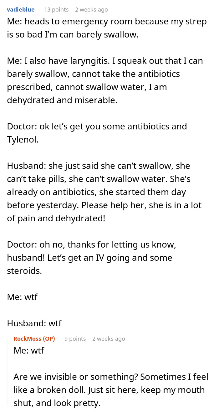 Text conversation showing a woman’s chronic pain dismissed by doctors until her husband advocates for her care. Text conversation showing a woman’s chronic pain dismissed by doctors until her husband advocates for her care.