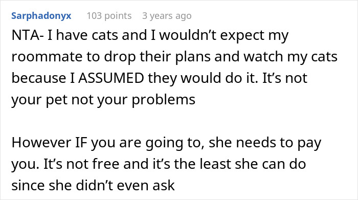 Comment discussing roommate refusing cat litter box duties during a lady’s family vacation planning conflict.
