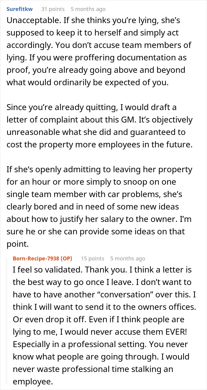 Online discussion about an employee missing work due to a flat tire and a GM checking to find the truth.