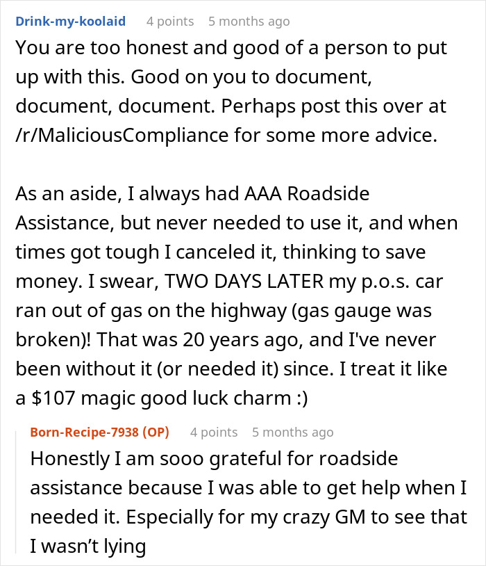Reddit comments discussing employee missing work due to flat tire and grateful GM checking the truth.