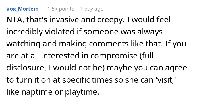 Screenshot of a forum comment discussing a mom disabling MIL’s baby cam access due to constant spying and privacy concerns. Screenshot of a forum comment discussing a mom disabling MIL’s baby cam access due to constant spying and privacy concerns.