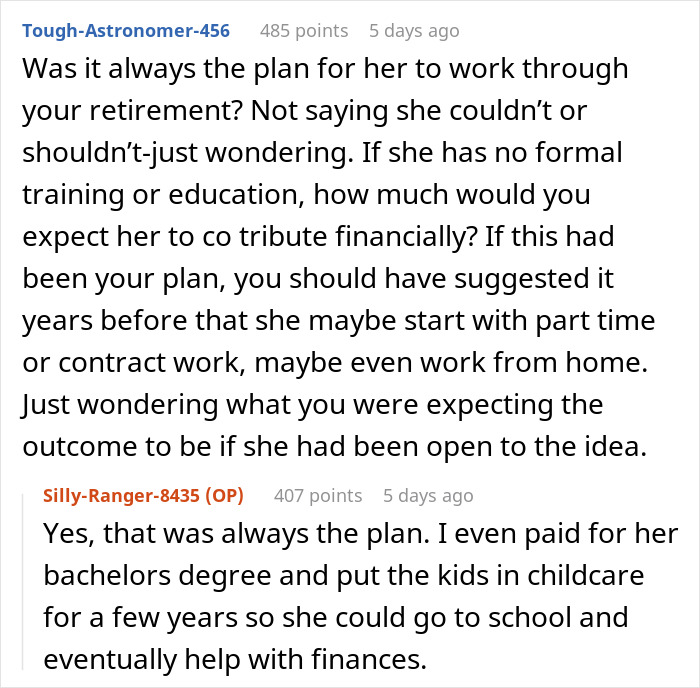 Reddit thread discussing a man saying wife can find a job as a stay-at-home mom, causing tension over chores and job expectations. Reddit thread discussing a man saying wife can find a job as a stay-at-home mom, causing tension over chores and job expectations.