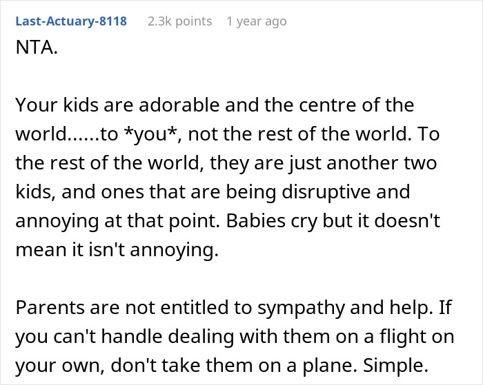 Screenshot of a Reddit comment discussing a mom taking kids on a 9-hour flight and lacking help from others. Screenshot of a Reddit comment discussing a mom taking kids on a 9-hour flight and lacking help from others.