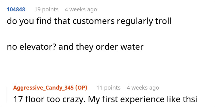 Comment thread discussing customers trolling Instacart shoppers by ordering water without elevator access, involving 17-floor climbs. Comment thread discussing customers trolling Instacart shoppers by ordering water without elevator access, involving 17-floor climbs.