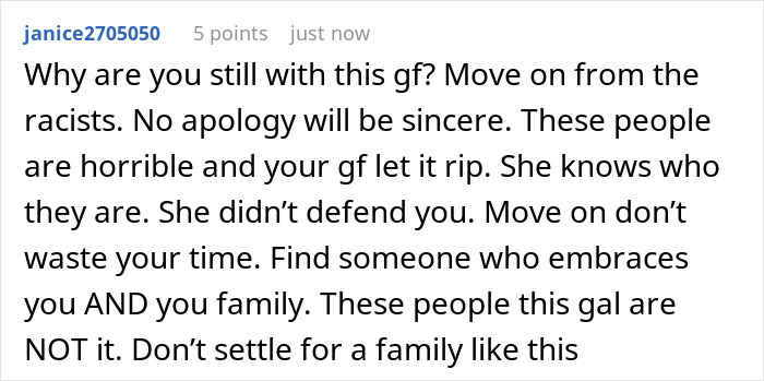 Screenshot of a social media comment condemning racist behavior at a family dinner causing emotional distress. Screenshot of a social media comment condemning racist behavior at a family dinner causing emotional distress.