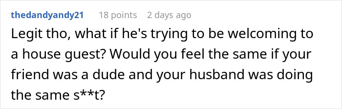 Screenshot of a Reddit comment discussing jealousy about a husband remembering a friend’s favorite drink from years ago. Screenshot of a Reddit comment discussing jealousy about a husband remembering a friend’s favorite drink from years ago.