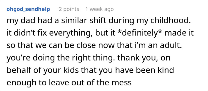 Screenshot of a Reddit comment discussing personal growth and proving a man wrong about his wife’s capabilities.