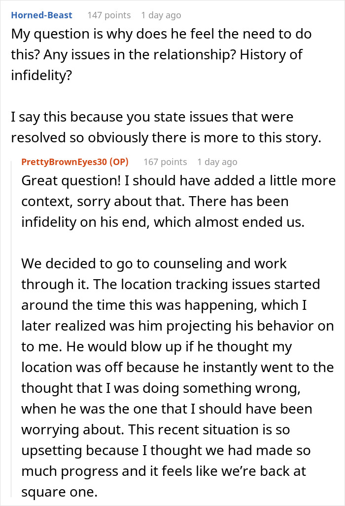 Text conversation discussing relationship issues involving a woman, fiance, infidelity, counseling, and location tracking concerns. Text conversation discussing relationship issues involving a woman, fiance, infidelity, counseling, and location tracking concerns.
