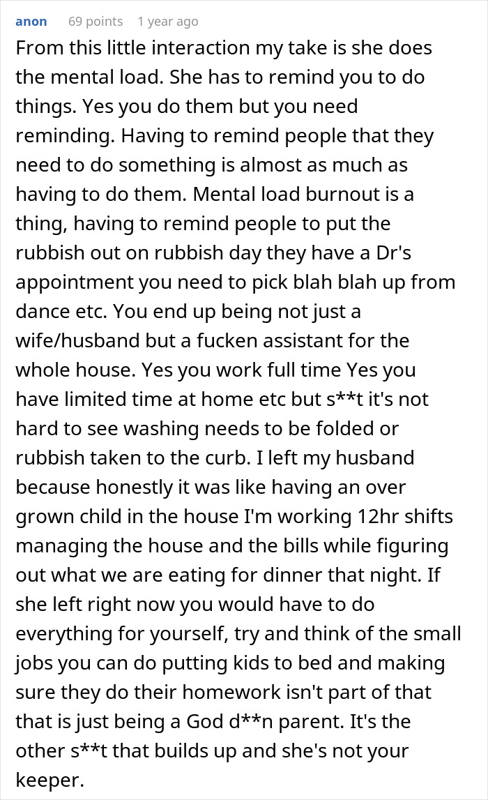 Comment discussing mental load and burnout in marriage after man tells wife she couldn’t do it without him then she proves him wrong