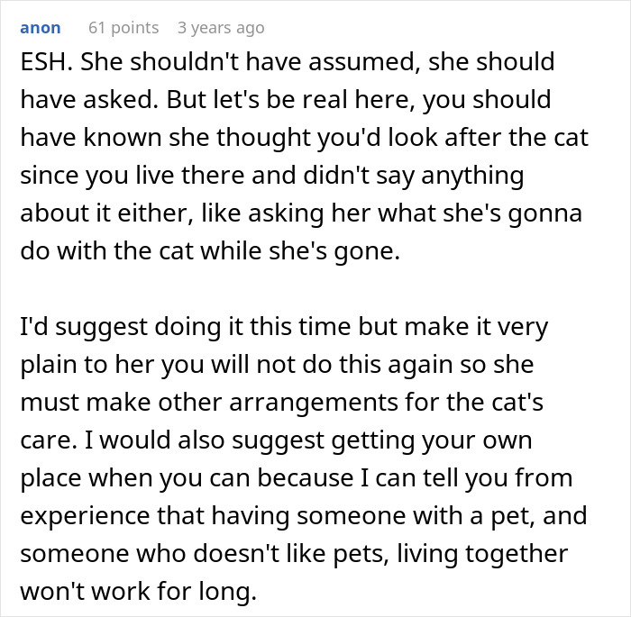 Roommate refuses cat litter box duties as lady plans family vacation, causing tension over pet care responsibilities.