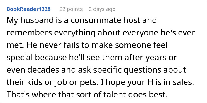 Comment about husband panicking over remembering friend's favorite drink, showing jealousy and social skills. Comment about husband panicking over remembering friend's favorite drink, showing jealousy and social skills.