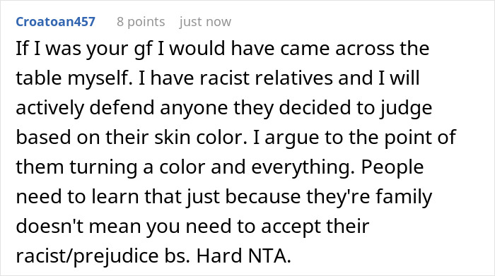 Comment discussing defending against racist relatives during a chaotic dinner involving racial insults and emotional distress. Comment discussing defending against racist relatives during a chaotic dinner involving racial insults and emotional distress.