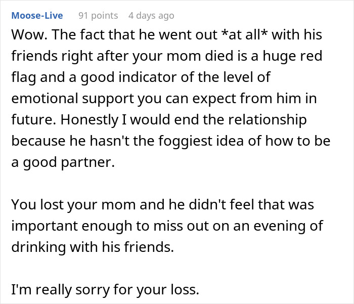 Alt text: Woman faces heartbreak as mother’s death reveals boyfriend’s true character and emotional support shortcomings