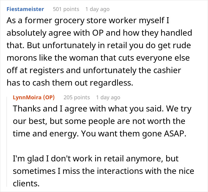 Commenters discuss a woman cutting in front of an elderly man at a grocery store and the cashier's response. Commenters discuss a woman cutting in front of an elderly man at a grocery store and the cashier's response.