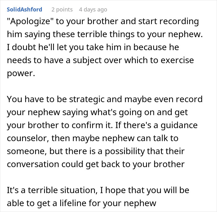 Text post with advice on recording controlling brother’s behavior and seeking help for nephew’s safety concerns from aunt worried about nephew. Text post with advice on recording controlling brother’s behavior and seeking help for nephew’s safety concerns from aunt worried about nephew.