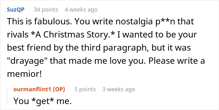 Comment conversation about nostalgia and memoir writing, with one user praising the other's storytelling style.