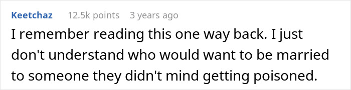 Text post from a user expressing confusion about a man not believing his mom is poisoning his wife. Text post from a user expressing confusion about a man not believing his mom is poisoning his wife.