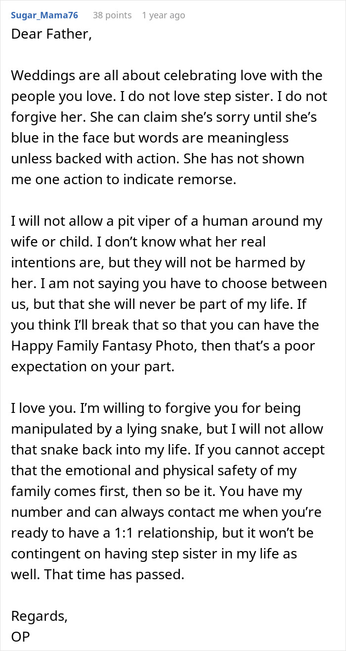 Screenshot of a heartfelt letter about a woman’s old fight with stepsister leading to cutting ties with entire family years later. Screenshot of a heartfelt letter about a woman’s old fight with stepsister leading to cutting ties with entire family years later.