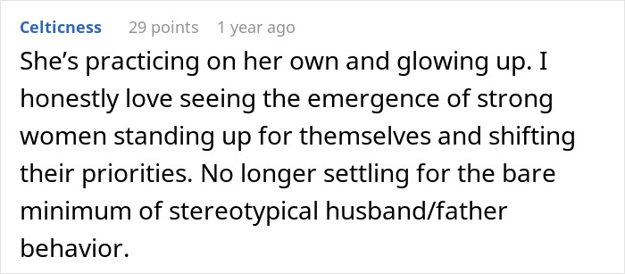 Comment about a woman proving her husband wrong by becoming strong and independent, defying stereotypes.