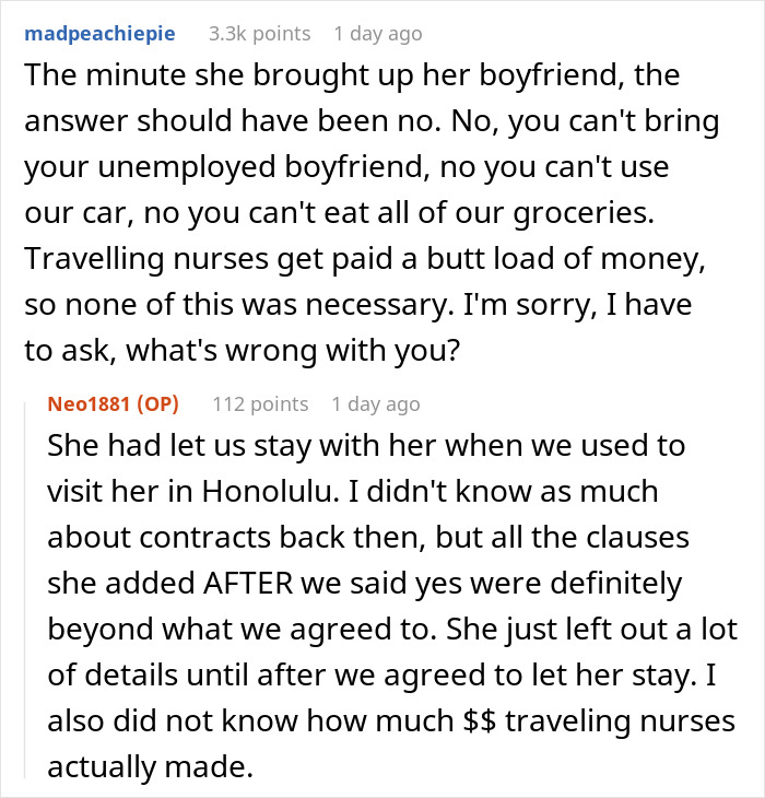 Text conversation discussing regrets after a couple agrees to host an old friend with unexpected wild requests. Text conversation discussing regrets after a couple agrees to host an old friend with unexpected wild requests.