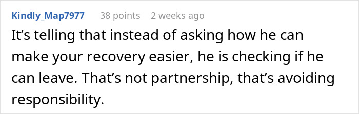 Comment text discussing a man asking wife’s permission to travel alone right after her scheduled C-section. Comment text discussing a man asking wife’s permission to travel alone right after her scheduled C-section.