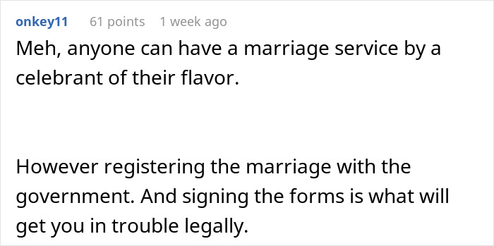 Text post on a forum with a user discussing the difference between marriage services and legal registration implications. Text post on a forum with a user discussing the difference between marriage services and legal registration implications.