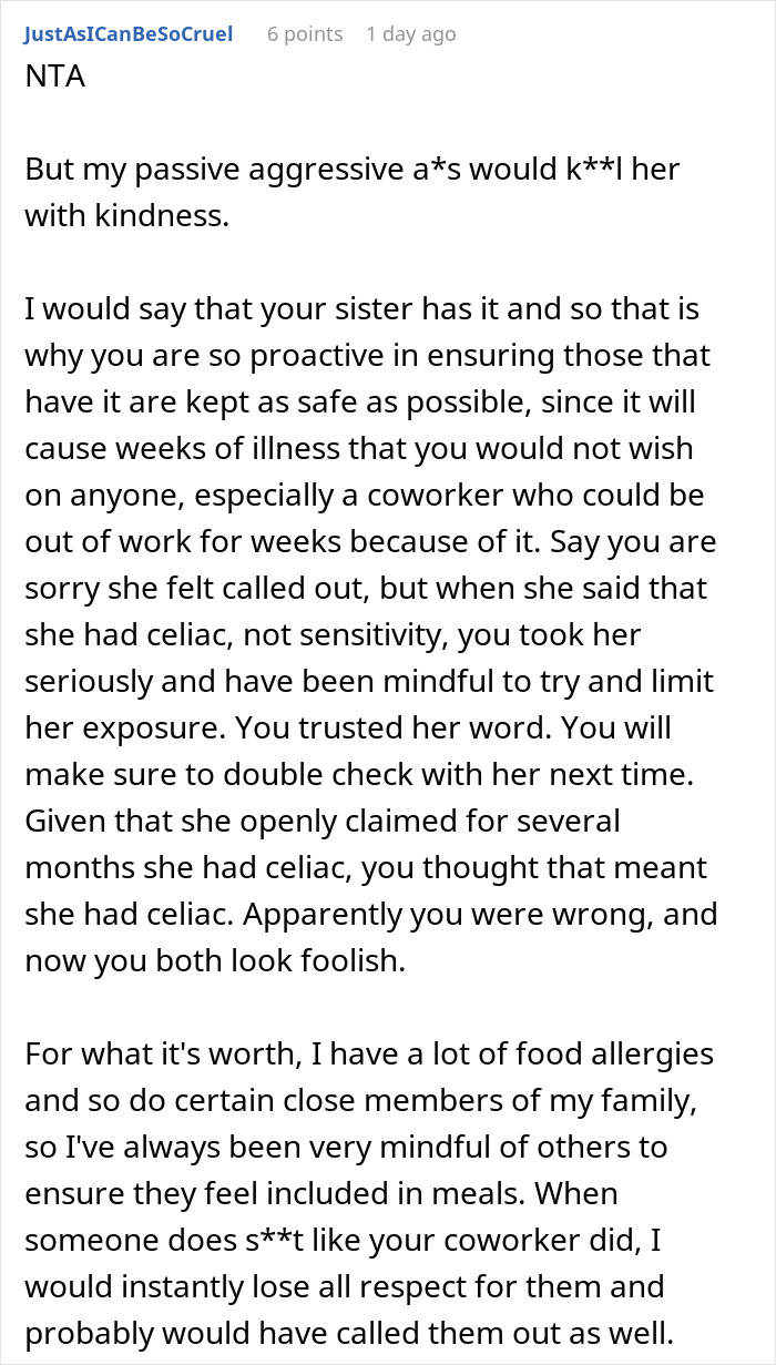 Commenter discusses worker calling out gluten-free colleague at pizza party and the ensuing conflict involving celiac concerns.
