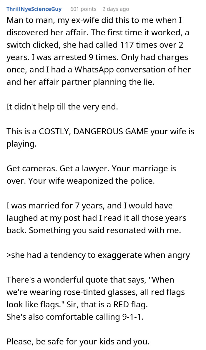 Text post describing a man’s experience of his wife’s domestic violence accusations draining his empathy and causing legal trouble. Text post describing a man’s experience of his wife’s domestic violence accusations draining his empathy and causing legal trouble.