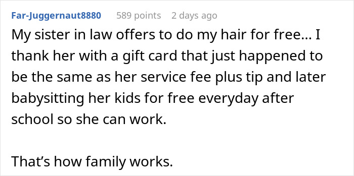 Comment about free salon service marriage and family support with hair care and babysitting exchanges.
