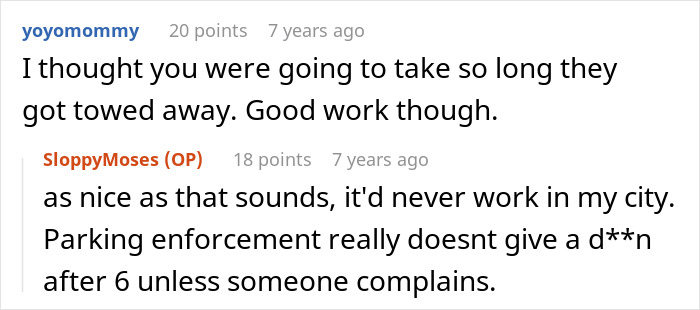 Online comments discussing a lady stealing a couple's parking spot and the parking enforcement response. Online comments discussing a lady stealing a couple's parking spot and the parking enforcement response.
