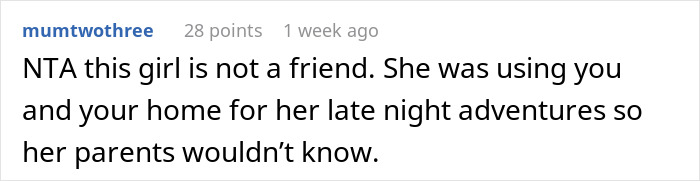 Screenshot of an online comment about a teen showing up at her best friend’s door late at night, discussing friendship issues. Screenshot of an online comment about a teen showing up at her best friend’s door late at night, discussing friendship issues.
