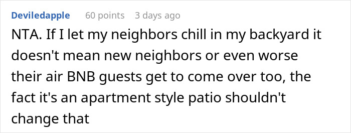 Screenshot of a Reddit comment debating neighbor refusing tourists use of patio and Airbnb host claiming discrimination. Screenshot of a Reddit comment debating neighbor refusing tourists use of patio and Airbnb host claiming discrimination.